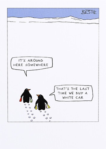 Funny penguins lost white car - white,
