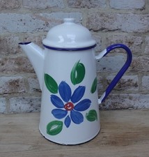 White Enamel Coffee Pot with Blue trim & Floral Pattern - 2 pints