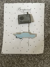 BONPOINT PARIS 2 X RETRO BROOCHES *NEW*BLUE CADILLAC CAR AND OLD FASHIONED RADIO