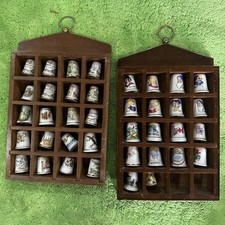 x2 Wooden Thimble Display Case With 38 Thimbles - Snow White Dogs Birds  Animals
