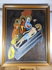 LARGE FOLK ICON STYLE OIL PAINTING LAMENTATION OF CHRIST RELIGIOUS ART
