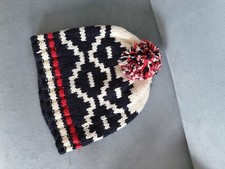 Maje Playful Pom Pom Knit Hat with Nordic Geometric Design One Size