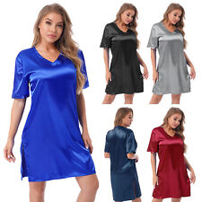 UK Women Nightgown V Neck Satin Side Split Sexy Dresses Boyfriend Nightshirt