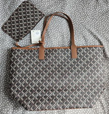 Primark Dark Brown Monogram Pattern Handbag and Matching Clutch Zip Bag Set