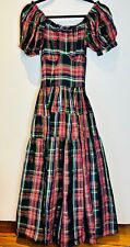 VTG 40'S PEASANT TOP MEXICAN INSP. PLAID TAFFETA TIERED SKIRT MAXI DRESS*XXS/XS