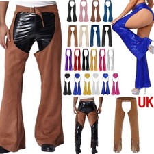 UK Sexy Mens Womens Sequin Western Cowgirl Chaps Hollow Out Motorcycle Trousers