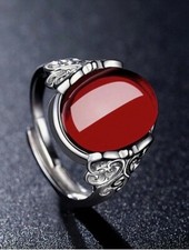 Women's Vintage Retro Red Agate Oval Decor Ring Silver Metal Size R Adjustable