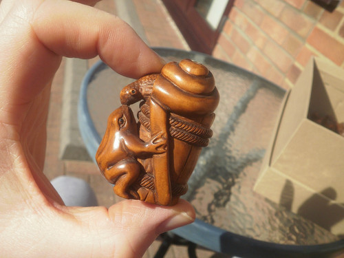 Hand carved wood netsuke snail - carved,