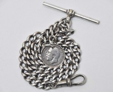 ANTIQUE SILVER POCKET WATCH CHAIN WITH 1913 SILVER COIN FOB