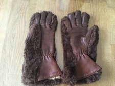Faux Fur Vintage Brown Leather Gauntlet Gloves 1950's Motorcycle driving Gloves