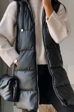 ZARA Black Faux Leather Puffer Gilet/  Hooded Waistcoat Vest  SIZE S 