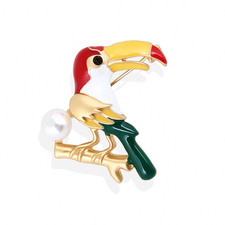 Colorful Toucan Bird Brooch Pin Enamel Pearl Accent Gold Tone Fashion Jewelry UK
