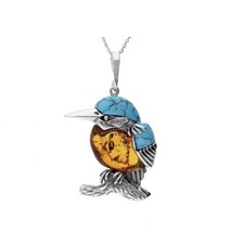 Medium Amber Turquoise Kingfisher Bird Pendant Oxidised Sterling Silver 925