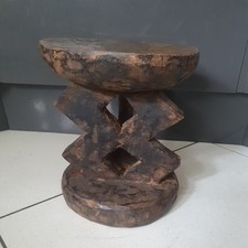 11" Tall 10"Dia Wooden Tonga African Stool Hand Carved Geometrical Form Zimbabwe