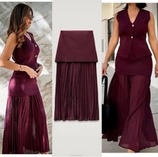 ZARA NEW WOMAN HIGH-WAIST COMBINED PLEATED KNIT SKIRT BURGUNDY Size L 4192/016