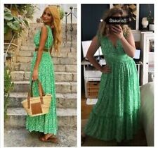 ZARA Green Ditsy Floral Tiered Smocked Ruched Long Maxi Dress S 10 12 Summer