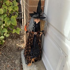 39”Halloween Witch in Victorian Dress , Hat with Feathers  & Broom Free Postage
