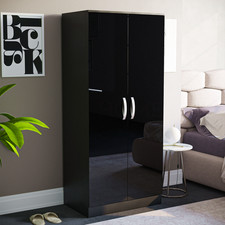 SALE 2 Door Wardrobe Tall Wooden High Gloss Bedroom Hanging Storage Black