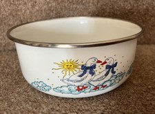 Vintage White Enamel Bowl / Dish with Metal Rim - featuring Ducks, Clouds, Sun
