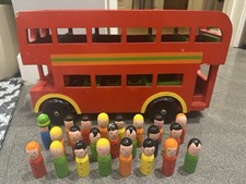 Wooden Red London Double Decker Bus Toy Vehicle Playset With Peg Figures