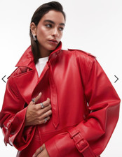 NWD NEW TOPSHOP LIPSTICK RED FAUX LEATHER RED TRENCH COAT SIZE 4