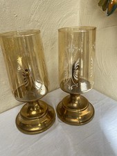 Vintage Brass Hurricane Candle Lamp Holder with Glass Shade Spring Loaded Pair