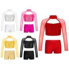 UK Kids Girls Outfit Ballroom Shirt And Bottoms Cheer Dancewear Active Tracksuit