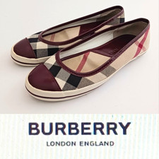 Burberry Nova Check Ballet Flat Burgundy Patent Cap Toe Rubber Bumper EU 35 US 5