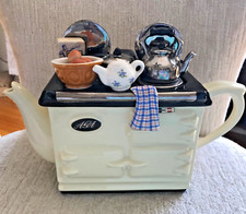 VNTG AGA MAKING BREAKFAST on stove TEAPOT BRITAIN TAG RARE mini bowls oats towel