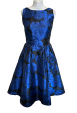 Beautiful Occasion Black and Blue Rose Flower Fit & Flare Dress - Size 16 - Quiz