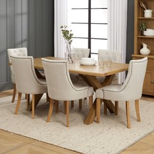 Cotswold Rustic Smoked Oak 1.8m Dining Table with Scoop Linen Dining Chairs x 6 