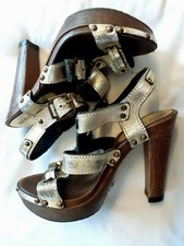 River Island Gold Leather Gladiator Sandals. Wood effect platform. Open toe.UK 4