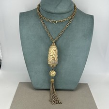 vintage Trifari necklace Marco Polo carved lucite pendant tassel gold tone 