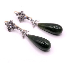 Antique Edwardian Silver Paste Jade Drop Earrings - Gold Hooks