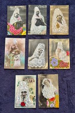 8 x Antique 1920's / 30's Spanish Embroidered Silk & Lace Postcards