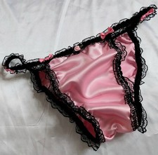 BABY PINK SATIN Black Lace Sissy Panties cd tv  Ladies knickers Frilly Tanga