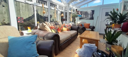 Brown leather and - , fabric