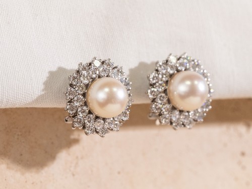 Pearl diamond cluster earrings - diamond,