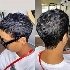 Brown Short Pixie Cut Wig Human Hair for Black Women Machine Made Wigs with Bang