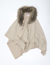 Alice Hannah Women Beige Wool Blend Cape with Faux Fur Collar Size M