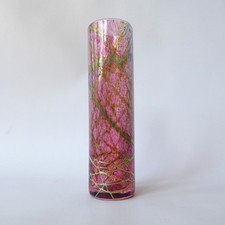 Pink enamel speckled gold trailed art glass cylinder vase. Studio glass 21cm