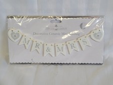Mr & Mrs Decorative Ceramic Mini Bunting - Ivory With Silver Lettering & Hearts
