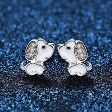 Cute Crystal Doggy Puppy Stud Earrings 925 Sterling Silver Women Girls Jewellery