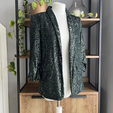M&S Sequin Jacket 10 Forest Green Silver Blazer Ruched Sleeves Open Front