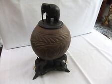 VINTAGE HAND CARVED  COCONUT SHELL TEA CADDY/TOBACCO JAR ON ELEPHANT FEET