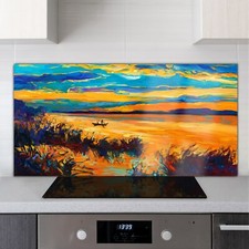 Glass Kitchen Cooker Splashback 140x70 Painting Water Fisherman Sky Sunset