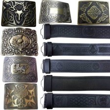 Scottish Kilt Belt Real Black Leather Embossed Various Design Buckles Antique