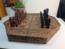 Hand Carved Wooden Balinese Chess with 32 Pieces & Backgammon and draught board 