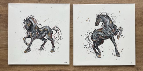 Two black horse paintings - horse,