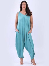 Italian Plain Shoulder Knot Dungaree Pleated Balloon Hem Jumpsuit Size UK 10-16